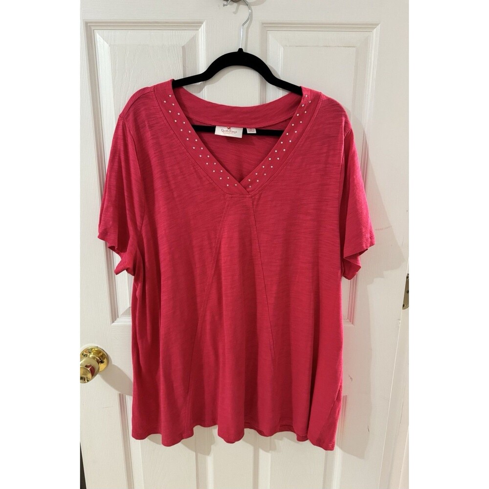 Quacker Factory Women's Pink V-Neck Rhinestone Knit T-Shirt Short Sleeve 2X